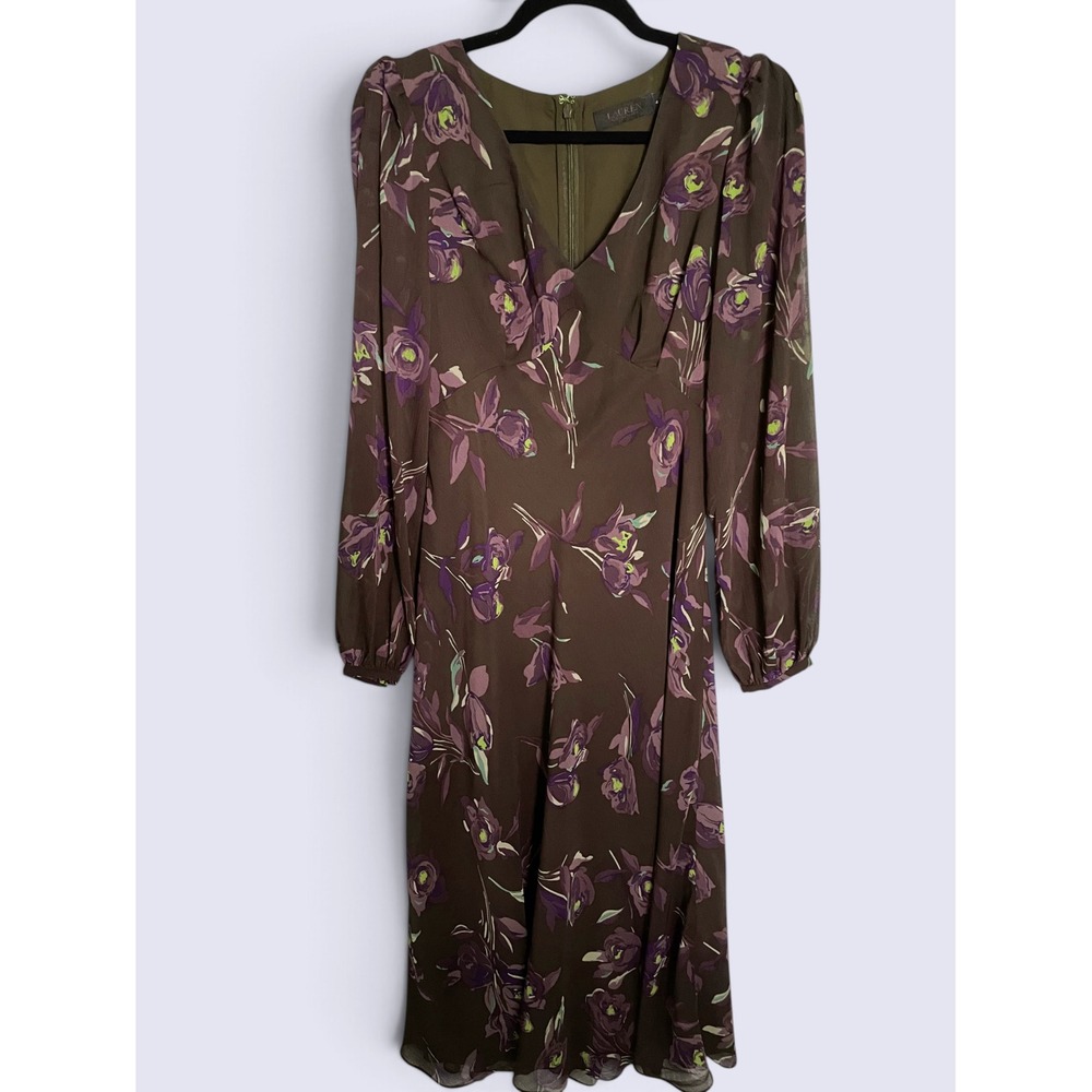 Lauren Ralph Lauren Brown Purple Floral Chiffon Midi Dress 4 Whimsigoth Fairy